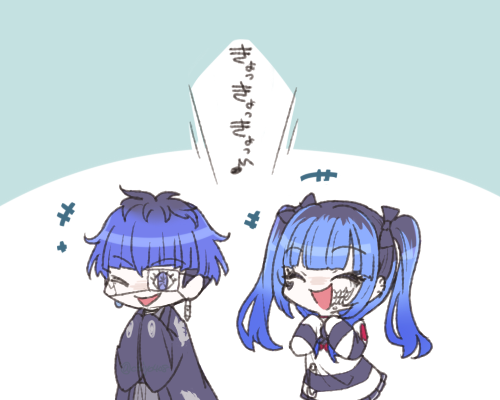 chiyo408, amemiya darumi, omokage yugamu, the hundred line -last defense academy-, commentary request, lowres, translation request, +++, 1boy, 1girl, ^ ^, black bow, black hair, black haori, black shirt, black skirt, blue hair, bow, closed eyes, earrings, eyepatch, facepaint, facial mark, hair bow, haori, heart, heart facial mark, japanese clothes, jewelry, long hair, long sleeves, miniskirt, multicolored hair, musical note, open mouth, pleated skirt, print eyepatch, roots (hair), safety pin, shirt, short hair, skirt, smile, striped clothes, striped shirt, twintails, two-tone hair, two-tone shirt, white shirt