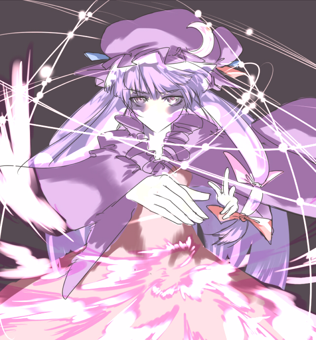 3peso, patchouli knowledge, touhou, light, 1girl, cape, colored skin, crescent, female focus, glowing, hat, long sleeves, looking at viewer, magic, mob cap, outstretched arm, purple eyes, purple hair, solo, upper body, white skin