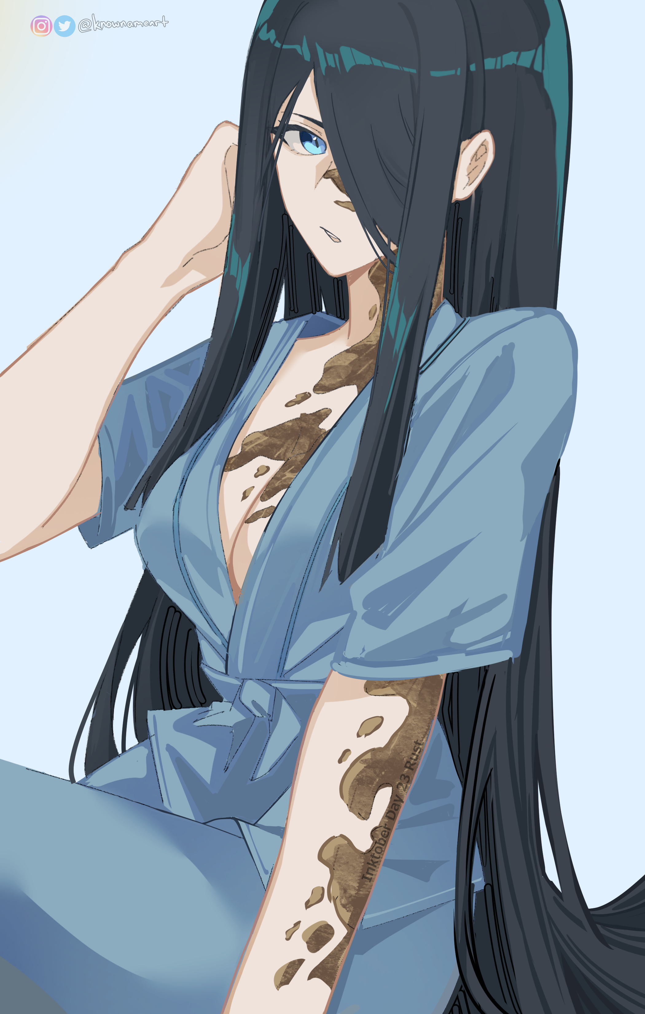 knowname, nekoyanagi paw, sabikui bisco, absurdres, bilingual commentary, commentary, highres, mixed-language commentary, 1girl, black hair, blue eyes, breasts, cleavage, hair over one eye, hand on own head, inktober, instagram logo, instagram username, long hair, medium breasts, rust, sidelocks, simple background, solo, twitter logo, twitter username