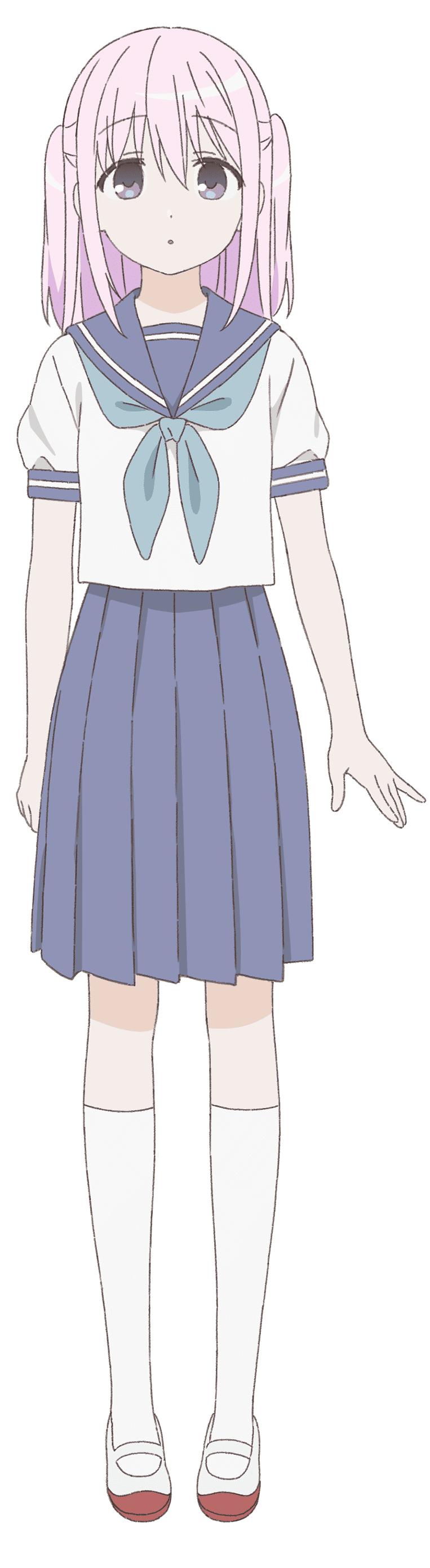nakamura naoto, kashiwada-san, kao ni denai kashiwada-san to kao ni deru oota-kun, absurdres, highres, official art, 1girl, :o, anime coloring, blue neckerchief, blue skirt, full body, hair between eyes, looking at viewer, medium hair, neckerchief, open hand, open mouth, parted lips, pink hair, pleated skirt, puffy short sleeves, puffy sleeves, purple eyes, sailor collar, school uniform, serafuku, shoes, short sleeves, simple background, skirt, solo, standing, tachi-e, tareme, transparent background, two side up, white shoes