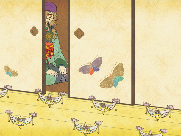 kusuriuri (mononoke), mononoke, 00s, 1boy, bandana, blonde hair, blue eyes, bug, butterfly, durag, facepaint, facial mark, fusuma, hair tie, japanese clothes, jewelry, kimono, light smile, long hair, makeup, male focus, medallion, moth, nail polish, necklace, obi, pointy ears, sash, sitting, sliding doors, smile, solo, sun symbol, tenbin, wooden floor