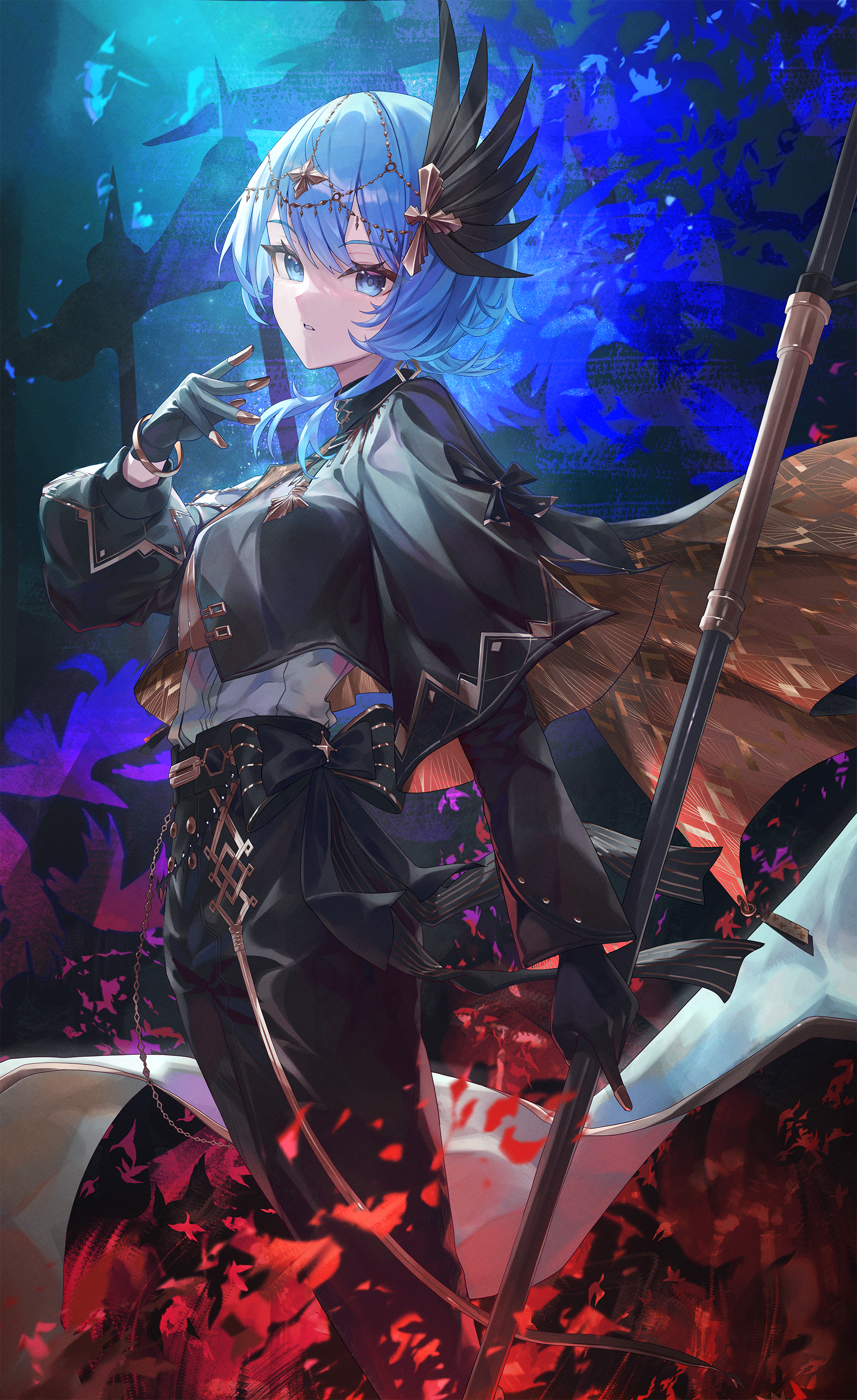 atatatatame01, hoshimachi suisei, hoshimachi suisei (spectra of nova), hololive, absurdres, commentary request, highres, revision, 1girl, black gloves, black jacket, black pants, blue eyes, blue hair, bow, bracelet, double-parted bangs, gloves, gold trim, hair between eyes, hair ornament, holding, holding polearm, holding weapon, jacket, jewelry, layered sleeves, long sleeves, looking at viewer, official alternate costume, pants, parted lips, polearm, shirt, shirt tucked in, short hair, short over long sleeves, short sleeves, sidelocks, solo, star (symbol), star in eye, symbol in eye, virtual youtuber, waist bow, weapon, white shirt, wide sleeves