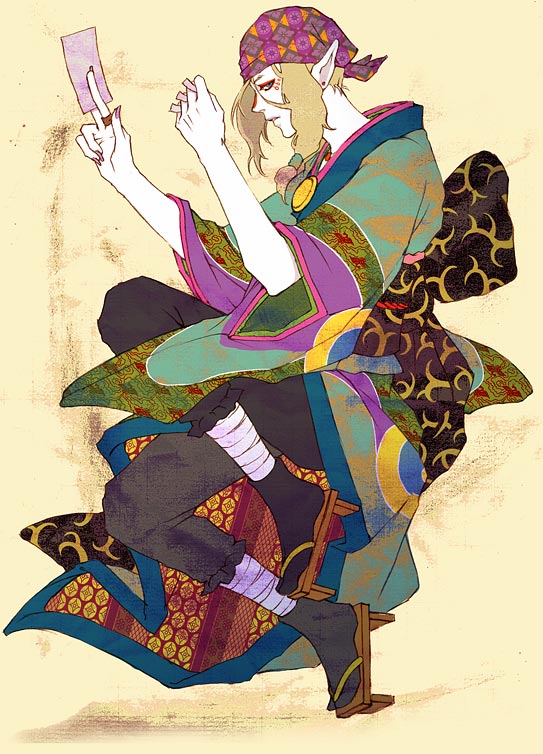 kusuriuri (mononoke), mononoke, non-web source, 00s, 1boy, bandana, blonde hair, blue eyes, bow, durag, facepaint, facial mark, geta, hair tie, hair tubes, japanese clothes, jewelry, kimono, long hair, makeup, male focus, medallion, nail polish, necklace, obi, ofuda, paper, pointy ears, sash, simple background, solo