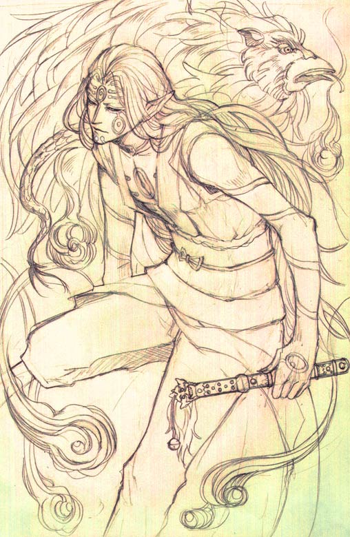 kusuriuri (mononoke), mononoke, non-web source, 00s, 1boy, bodypaint, japanese clothes, long hair, makeup, male focus, monochrome, obi, pointy ears, sash, sheath, sheathed, sketch, solo, sword, weapon, yellow theme