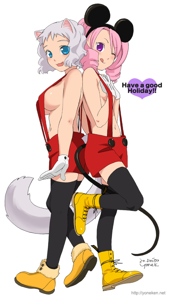 yonekura kengo, mickey mouse, miyoko (pink sniper), suwano chibiko, disney, mickey mouse & friends, pink sniper, 2girls, ;q, animal ears, back-to-back, black thighhighs, blue eyes, blush, bob cut, boots, breasts, cat ears, cat tail, cosplay, covering breasts, covering privates, drill hair, fang, flat chest, gloves, large breasts, looking back, mickey mouse (cosplay), mouse ears, mouse tail, multiple girls, naked suspenders, naughty face, one eye closed, pink eyes, pink hair, purple eyes, revealing clothes, short hair, shorts, sideboob, signature, simple background, smile, standing, standing on one leg, suspenders, tail, thighhighs, tongue, tongue out, topless female, twin drills, twintails, white hair, wink, zettai ryouiki
