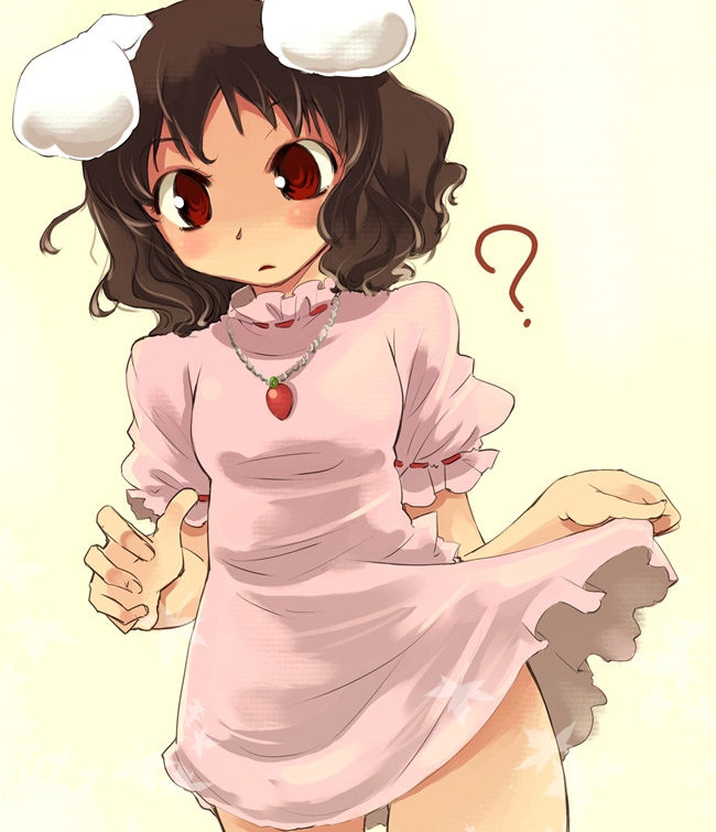 yuu (kfc), inaba tewi, touhou, duplicate, 1girl, ?, animal ears, blush, clothes lift, dress, female focus, rabbit ears, skirt, skirt lift, solo