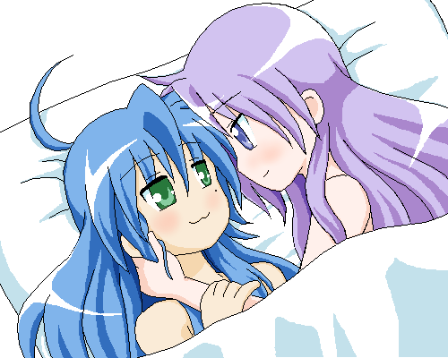 hiiragi kagami, izumi konata, lucky star, lowres, non-web source, 00s, 2girls, :3, bed, couple, happy, mole, mole under eye, multiple girls, oekaki, yuri
