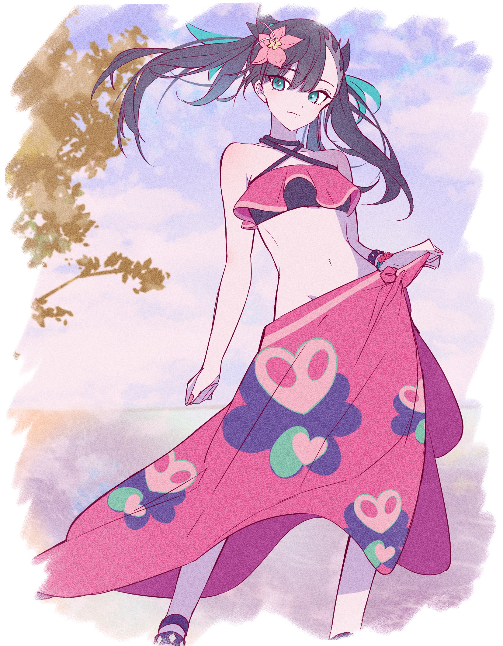 marie (pixiv59672544), marnie (pokemon), marnie (summer 2021) (pokemon), nintendo, pokemon, pokemon masters ex, highres, 1girl, black hair, bracelet, closed mouth, cloud, day, flower, green eyes, green ribbon, hair flower, hair ornament, hair ribbon, jewelry, long hair, looking down, nail polish, navel, official alternate costume, outdoors, pink flower, pink nails, pink sarong, ribbon, sarong, sky, solo, standing, swimsuit, twintails