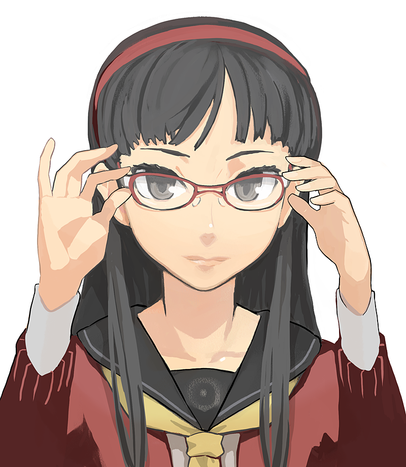 forgotten artist, ryman, amagi yukiko, atlus, persona, persona 4, bad id, bad pixiv id, 1girl, adjusting eyewear, black eyes, black hair, blunt bangs, closed mouth, female focus, glasses, grey eyes, hairband, long hair, long sleeves, looking at viewer, portrait, red hairband, red sweater, sailor collar, simple background, solo, sweater, white background