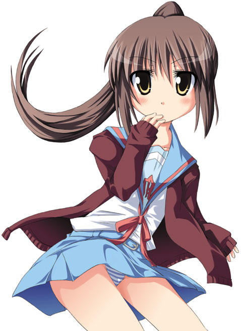 k hiro, kyon, kyonko, suzumiya haruhi no yuuutsu, gender request, 00s, 1girl, blush, female focus, genderswap, panties, ponytail, school uniform, simple background, solo, striped clothes, striped panties, underwear