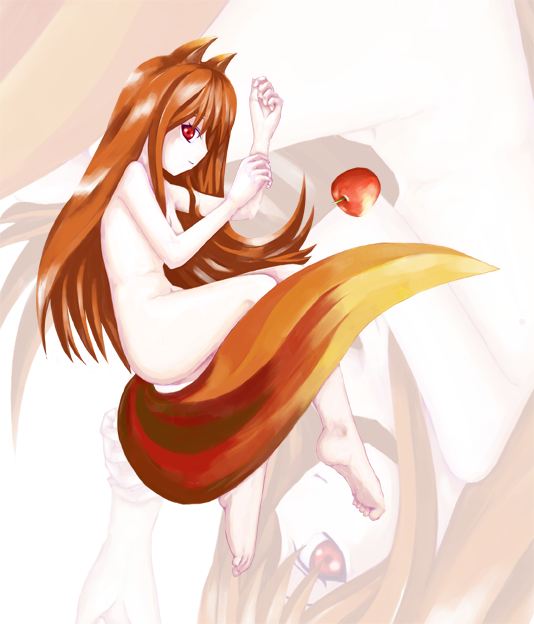 holo, spice and wolf, 00s, 1girl, animal ears, apple, barefoot, brown hair, female focus, food, fruit, holding, holding food, holding fruit, long hair, nude, red eyes, solo, tail, wolf ears, wolf tail