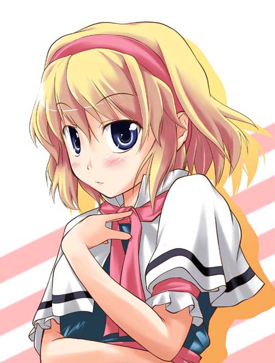 est (kinkyuu kaihi), alice margatroid, touhou, 1girl, blonde hair, blue eyes, blush, capelet, female focus, hairband, pointing, pointing at self, ribbon, short hair, solo, upper body