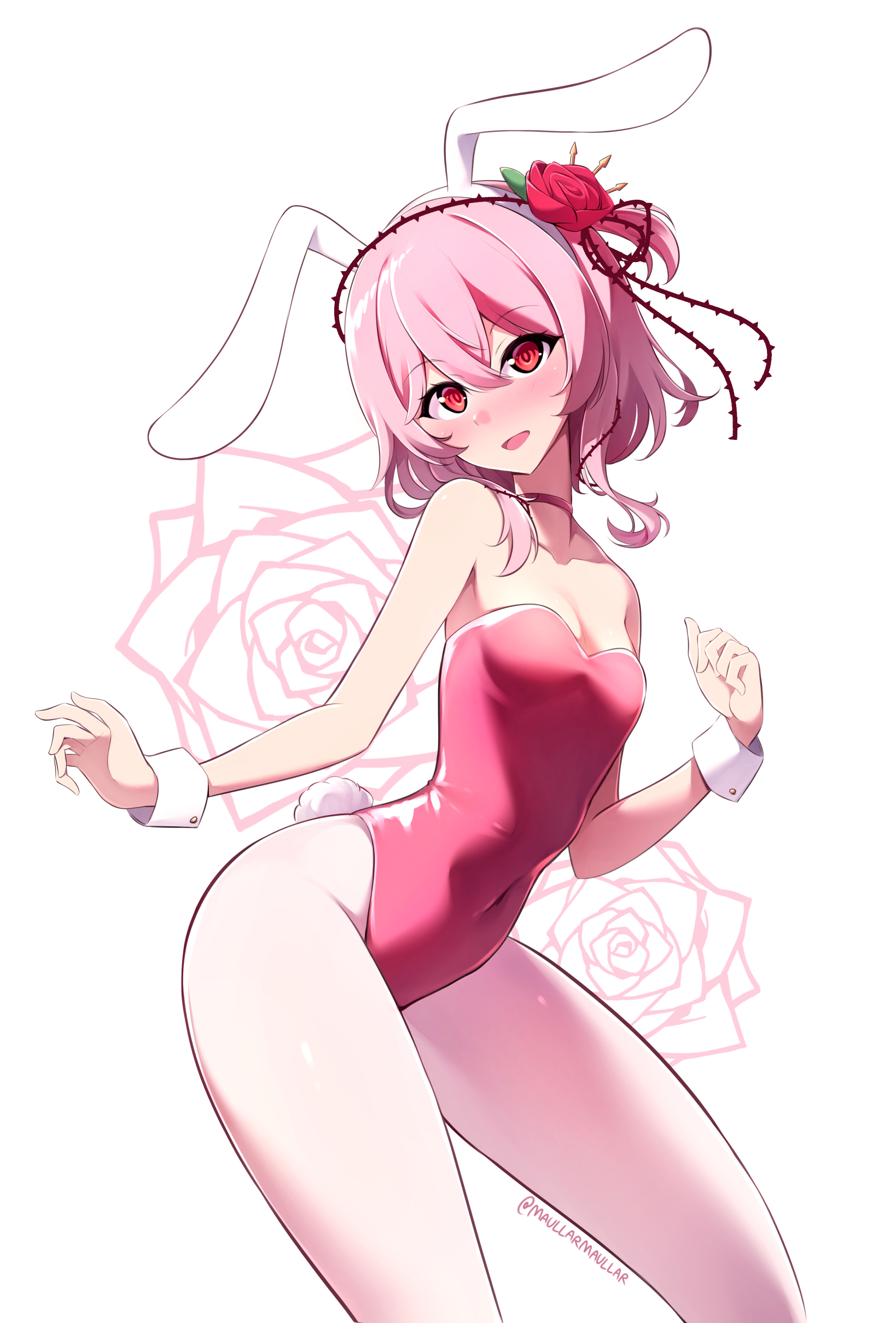 maullarmaullar, rosemi lovelock, nijisanji, nijisanji en, absurdres, highres, 1girl, animal ears, blush, choker, covered navel, cowboy shot, flower, hair flower, hair ornament, leotard, open mouth, pantyhose, pink choker, pink hair, playboy bunny, rabbit ears, rabbit tail, red eyes, simple background, solo, tail, thorns, twitter username, virtual graduation commemoration, virtual youtuber, white background, white pantyhose