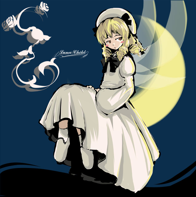 fechirin, luna child, eastern and little nature deity, touhou, 1girl, blonde hair, drill hair, fairy, female focus, flower, moon, rose, sitting, solo, wings