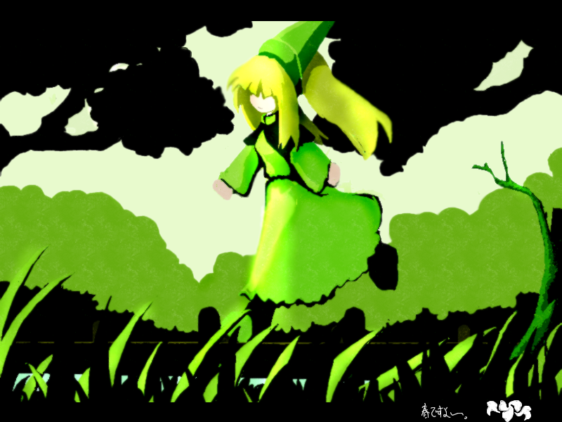 lily white, touhou, 1girl, blonde hair, dress, fairy, female focus, field, full body, grass, green theme, hat, long hair, long sleeves, monochrome, nature, outdoors, plant, ponytail, running, solo, tate eboshi, tree