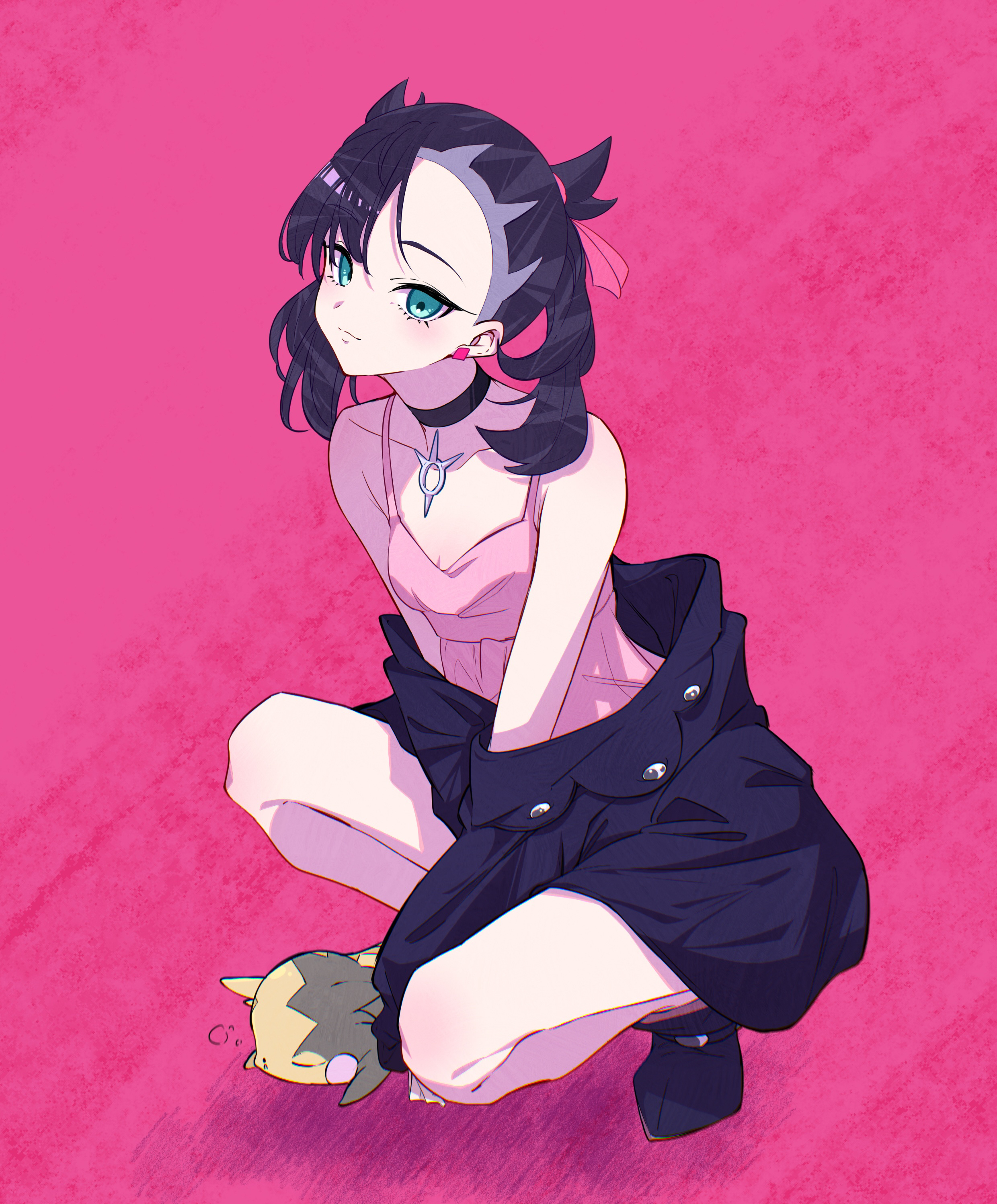 marie (pixiv59672544), marnie (pokemon), morpeko, morpeko (full), nintendo, pokemon, pokemon swsh, absurdres, highres, 1girl, asymmetrical bangs, black choker, black jacket, breasts, choker, cleavage, dress, full body, gen 8 pokemon, green eyes, hair ribbon, jacket, off shoulder, pink dress, pokemon (creature), red background, ribbon, small breasts, squatting, twintails, undercut