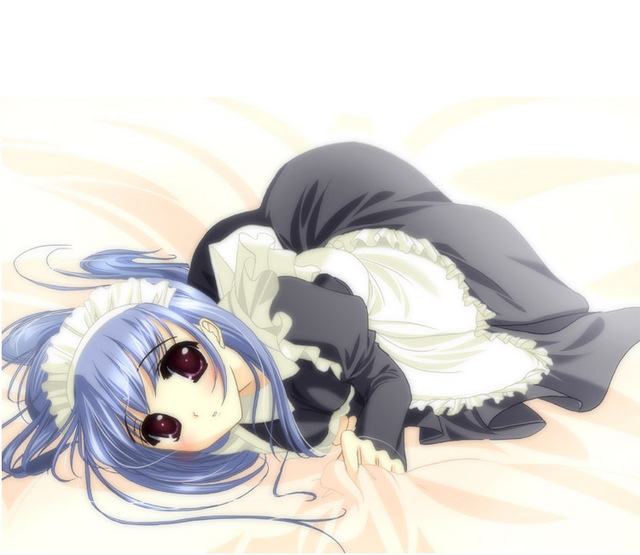 suzumi tamao, strawberry panic!, 00s, blue hair, blush, lying, maid, purple eyes, solo