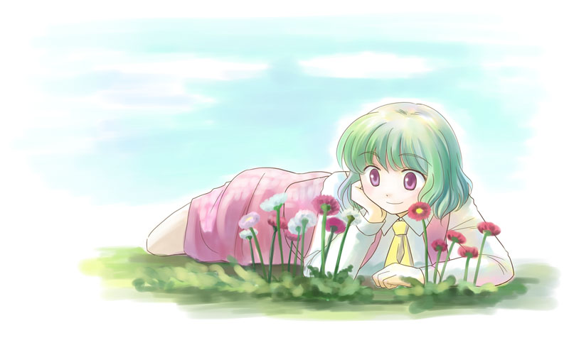 hashiyamoto, kazami yuuka, touhou, 1girl, ascot, female focus, flower, green hair, lying, nature, on stomach, plaid clothes, plaid skirt, plaid vest, red eyes, short hair, skirt, skirt set, smile, solo, vest