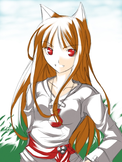 ribi, holo, spice and wolf, >:d, 00s, 1girl, :d, animal ears, arm at side, blunt bangs, breasts, brown hair, collarbone, dress, fang, female focus, long hair, long sleeves, looking at viewer, medium breasts, open mouth, pouch, red eyes, sash, smile, solo, upper body, v-shaped eyebrows, very long hair, white dress, wolf ears
