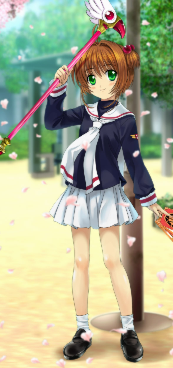 mutsuki (moonknives), clow card, kinomoto sakura, cardcaptor sakura, kodansha, highres, 1990s (style), 1girl, blush, brown hair, cherry blossoms, child, female focus, full body, fuuin no tsue, green eyes, hair bobbles, hair ornament, magical girl, mary janes, name connection, object namesake, retro artstyle, school uniform, serafuku, shoes, short hair, skirt, solo, standing, tomoeda middle school uniform