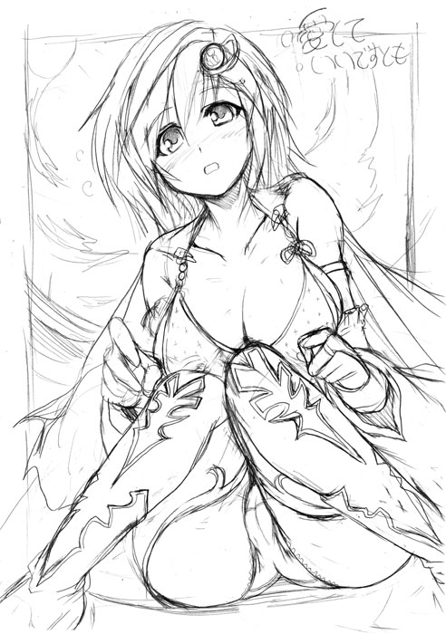 yasakani an, rydia (adult) (ff4), rydia (ff4), final fantasy, final fantasy iv, 1990s (style), 1girl, breasts, cape, cleavage, female focus, greyscale, large breasts, monochrome, panties, retro artstyle, sitting, sketch, solo, underwear