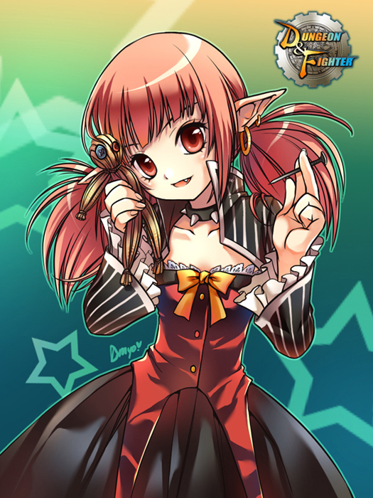 shirahane nao, female mage (dungeon and fighter), dungeon and fighter, non-web source, 00s, 1girl, bow, collar, dress, earrings, elf, fang, fangs, female focus, frills, jewelry, lace, pink hair, pointy ears, red eyes, solo, spikes, star (symbol), twintails, voodoo