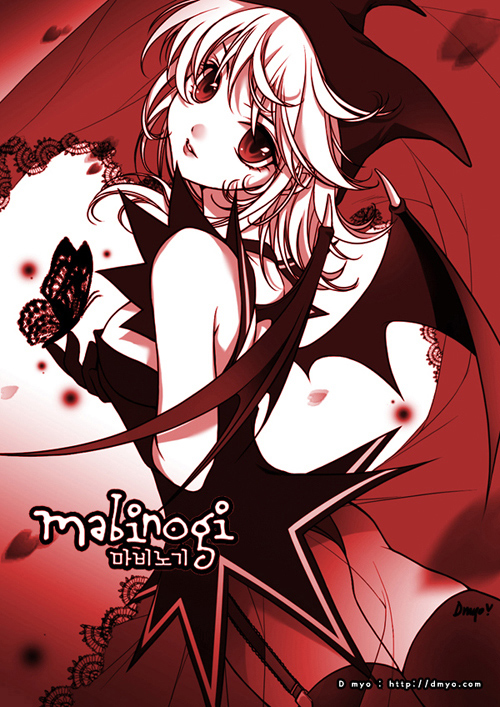 shirahane nao, succubus (mabinogi), mabinogi, non-web source, 1girl, bug, butterfly, demon, demon girl, female focus, insect, monochrome, red theme, solo, wings