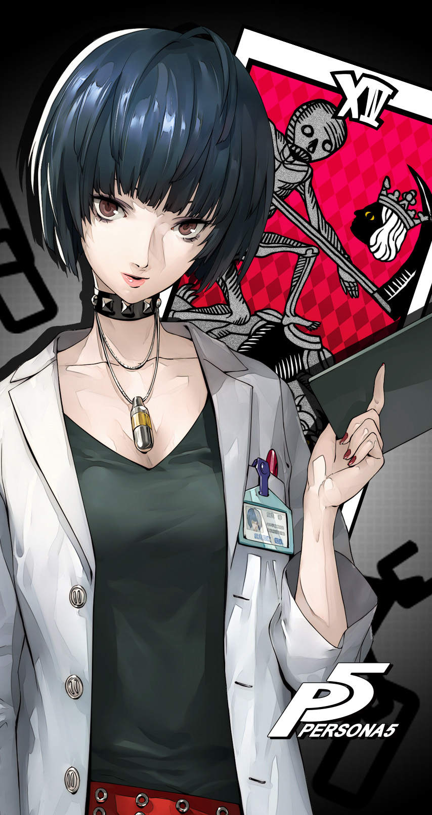 soejima shigenori, takemi tae, persona, persona 5, highres, official art, 1girl, black hair, black shirt, breasts, brown eyes, buttons, card, chain, cleavage, collar, death (tarot), id card, jewelry, lab coat, medium breasts, nail polish, necklace, pen, red nails, shirt, short hair, solo, studded collar, tarot, tarot card, v-neck