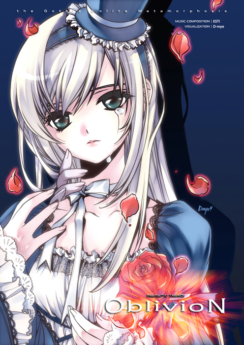 shirahane nao, camilia (djmax), djmax, djmax portable, non-web source, 1girl, choker, female focus, flower, frills, gathers, gothic lolita, green eyes, hat, lace, lips, loli, lolita fashion, mini hat, mini top hat, petals, ribbon, rose, rose petals, signature, solo, tears, top hat, white hair
