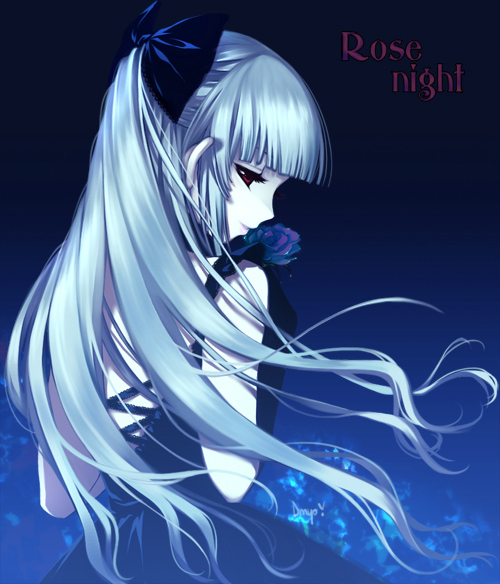 shirahane nao, 1girl, blunt bangs, bow, dress, female focus, flower, from behind, gloves, hair bow, long hair, looking back, night, profile, red eyes, rose, solo, white hair, wind