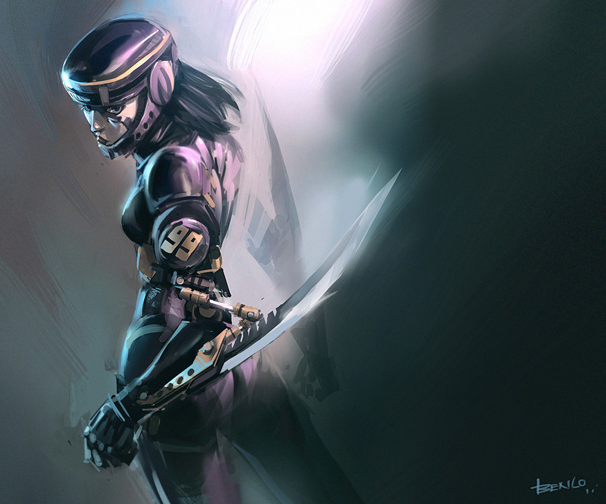 ben lo, alita, battle angel alita, commentary, 1girl, arm blade, armor, black eyes, black gloves, black hair, breasts, clenched hand, facial mark, feet out of frame, fighting stance, from behind, glaring, gloves, hair flowing over, helmet, large breasts, looking at viewer, medium hair, solo, weapon