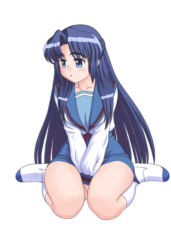 tofu juuji, asakura ryoko, suzumiya haruhi no yuuutsu, 00s, 1girl, :o, blue skirt, collarbone, female focus, full body, kneehighs, long sleeves, looking afar, looking to the side, open mouth, own hands together, sailor collar, school uniform, serafuku, sitting, skirt, socks, solo, wariza, white socks