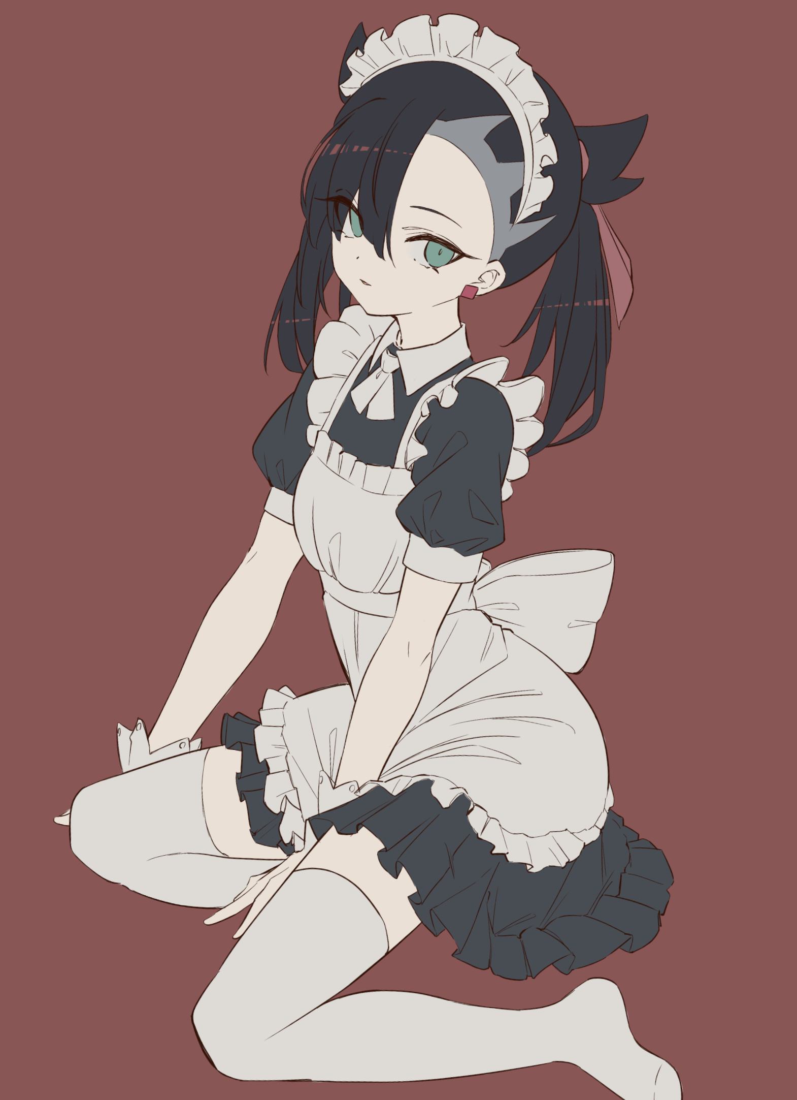 marie (pixiv59672544), marnie (pokemon), nintendo, pokemon, pokemon swsh, highres, 1girl, alternate costume, apron, black hair, dress, enmaided, frilled dress, frills, green eyes, hair ribbon, maid, maid apron, maid headdress, red background, ribbon, simple background, sitting, solo, thighhighs, twintails, white thighhighs, yokozuwari, zettai ryouiki