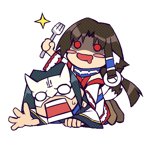 zen, eruruu, hakuowlo, utawarerumono, animated, animated gif, lowres, +utawareru mono radio, 00s, animal ears, chibi, dog ears, fork, japanese clothes, mask, sitting, sitting on person, transparent background, utawarerumono radio