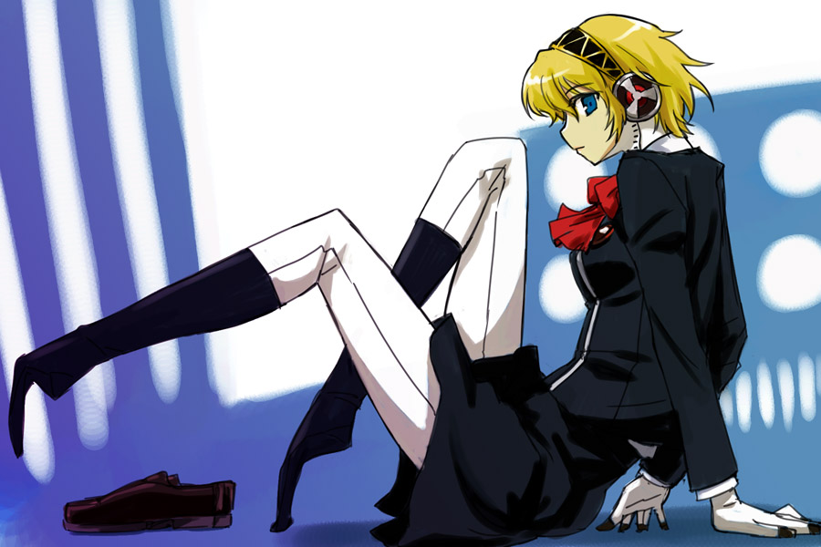 michael f91, aigis (persona), atlus, persona, persona 3, 1girl, android, arm support, black skirt, black socks, blonde hair, bow, bowtie, breasts, closed mouth, emblem, female focus, from side, full body, headphones, kneehighs, leaning back, legs up, loafers, long sleeves, looking at viewer, looking to the side, medium breasts, pants, profile, purple shoes, red bow, red bowtie, school uniform, shoes, short hair, skirt, smile, socks, solo, unworn shoes, white pants