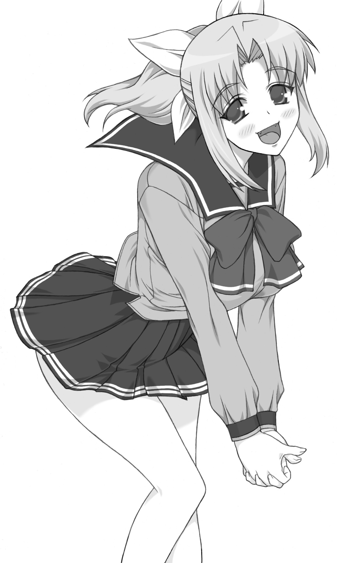 shichimenchou, miyauchi lemmy, to heart, to heart (series), highres, greyscale, long hair, monochrome, ribbon, school uniform, serafuku, solo