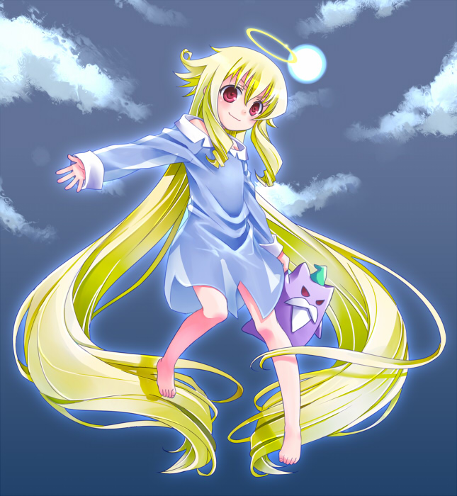 umetani chigusa, angelia avallone, arcana heart, 1girl, barefoot, blonde hair, female focus, halo, long hair, red eyes, solo, twintails, very long hair