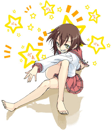 satou atsuki, kusakabe misao, lucky star, lowres, 00s, 1girl, barefoot, brown hair, crossed legs, fang, feet, female focus, full body, oekaki, school uniform, serafuku, short hair, sitting, smile, solo, toes, yellow eyes