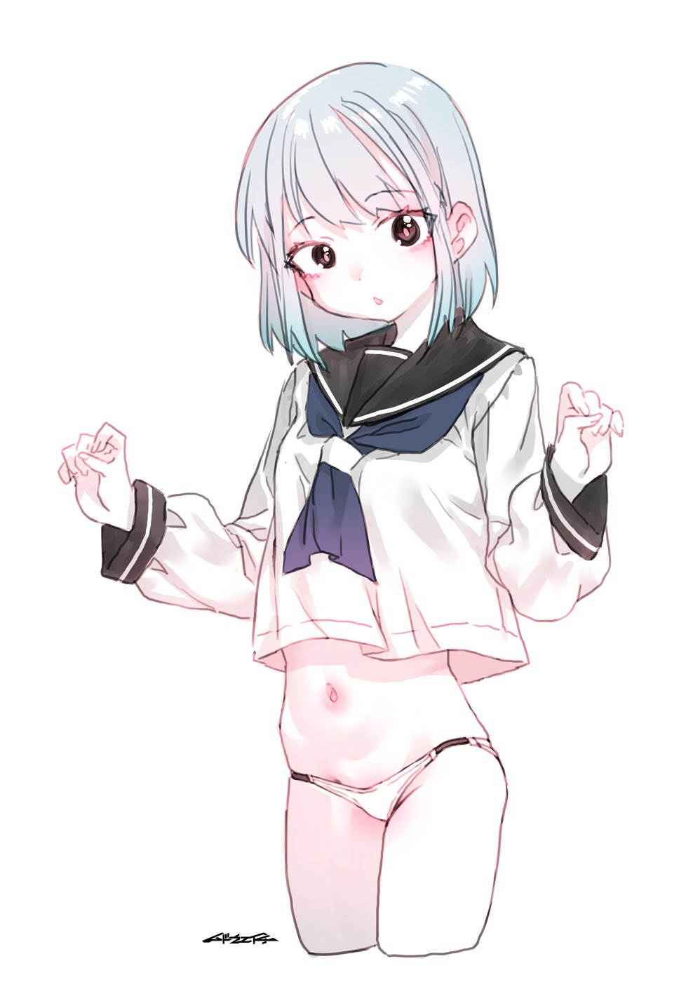 mudou eichi, original, highres, 1girl, arm up, black eyes, blue hair, breasts, long sleeves, navel, pink pupils, school uniform, serafuku, short hair, small breasts, solo, white background