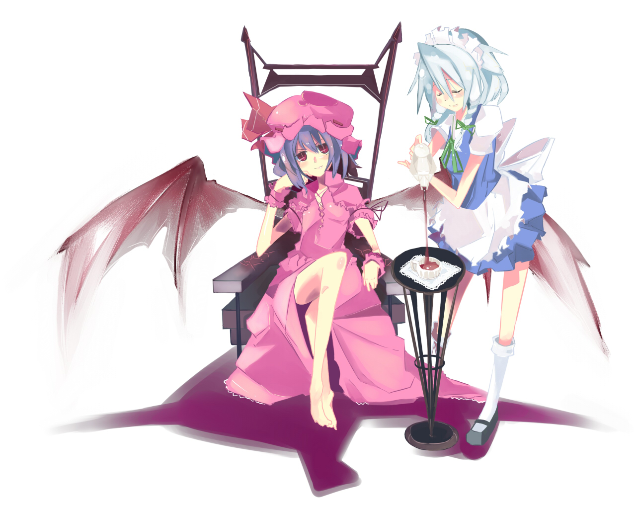 kanikama, izayoi sakuya, remilia scarlet, touhou, light purple hair, + +, 2girls, arm support, barefoot, bat wings, closed eyes, crossed legs, feet, female focus, hat, head rest, head tilt, legs, maid, maid headdress, multiple girls, pink hat, pouring, red eyes, short hair, tea, throne, white hair, wings