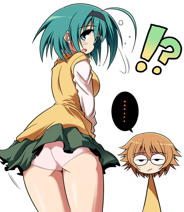serebi ryousangata, yamada michiru, yoshioka chie, to heart (series), to heart 2, !?, …, 00s, 2girls, ahoge, green hair, multiple girls, panties, pink panties, short hair, skirt, spoken ellipsis, underwear