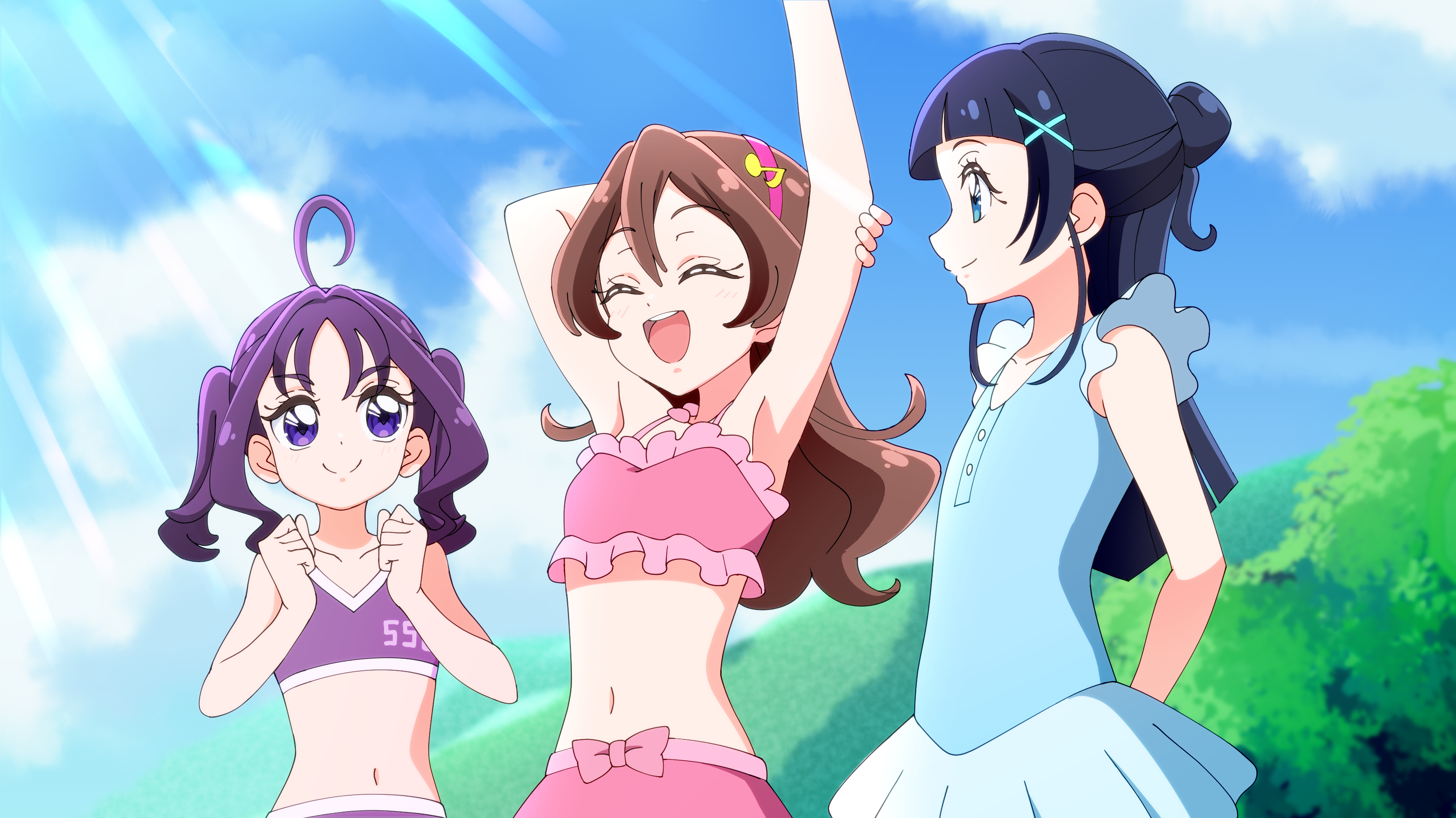 tirofinire, aokaze nana, sakura uta (precure), shigure kokoro, kimi to idol precure, precure, absurdres, highres, 3girls, bikini, blue hair, blue one-piece swimsuit, blush, brown hair, casual one-piece swimsuit, closed eyes, day, hair bun, hair ornament, hairband, long hair, multiple girls, navel, one-piece swimsuit, open mouth, outdoors, pink bikini, purple bikini, purple eyes, purple hair, smile, swimsuit, swimsuit skirt, tree, twintails, upper body