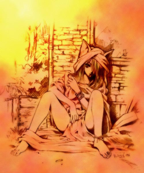 original, 1girl, animal ears, cat ears, female focus, full body, hair over one eye, legs, monochrome, outdoors, sepia, sketch, solo, spread legs