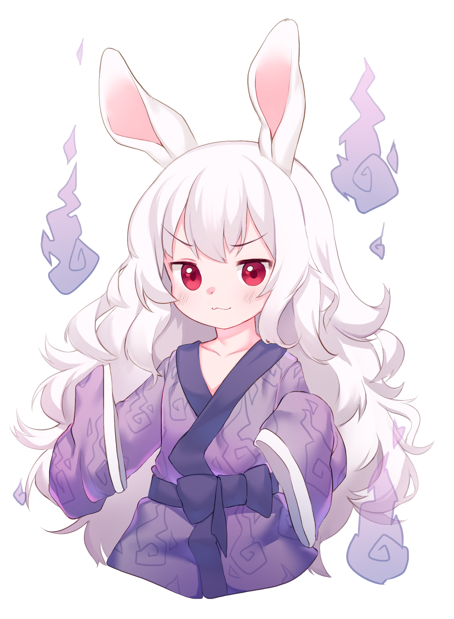 akiyusa, indie virtual youtuber, 1girl, :3, blush, flat chest, japanese clothes, kimono, long hair, looking at viewer, rabbit ears, red eyes, sleeves past fingers, sleeves past wrists, smile, solo, transparent background, very long hair, virtual youtuber, white hair, yukata