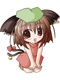 chen, touhou, lowres, 1girl, animal ears, bell, brown hair, cat ears, cat girl, cat tail, chibi, dress, earrings, female focus, full body, hat, jewelry, jingle bell, kneeling, qvga, ribbon, simple background, solo, tail, tail ornament, tail ribbon, white background