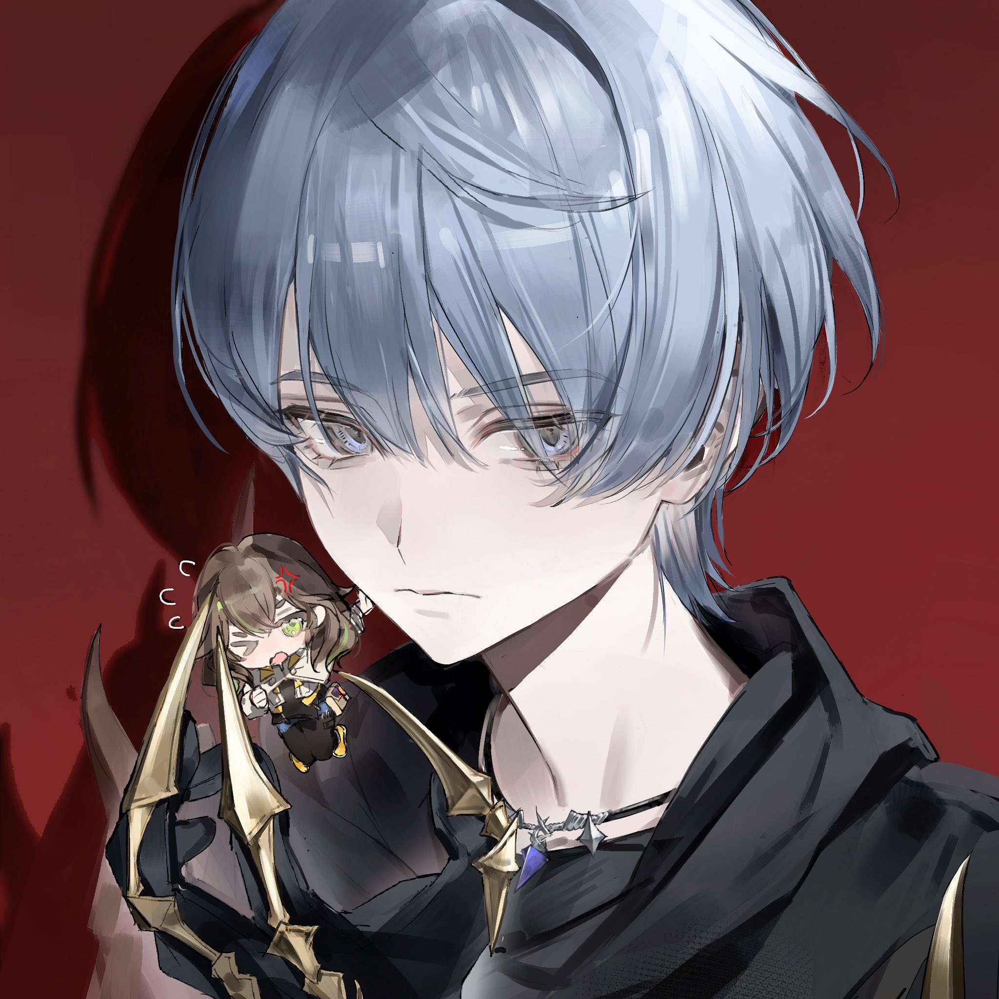 sphene (ff14), final fantasy, final fantasy xiv, hashtag-only commentary, highres, > o, 1boy, 1girl, anger vein, bags under eyes, black gloves, black robe, brown hair, calyx (ff14), chibi, double-parted bangs, flying sweatdrops, frown, gloves, green eyes, grey eyes, grey hair, hair between eyes, jewelry, looking at viewer, male focus, mini person, minigirl, necklace, one eye closed, portrait, red background, robe, scient witchery, shadow, short hair, solo focus