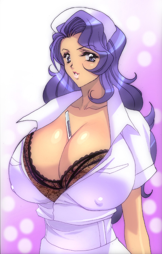ichijiku, 1girl, between breasts, blue hair, bra, breasts, cleavage, covered erect nipples, female focus, huge breasts, lingerie, long hair, nurse, solo, thermometer, underwear