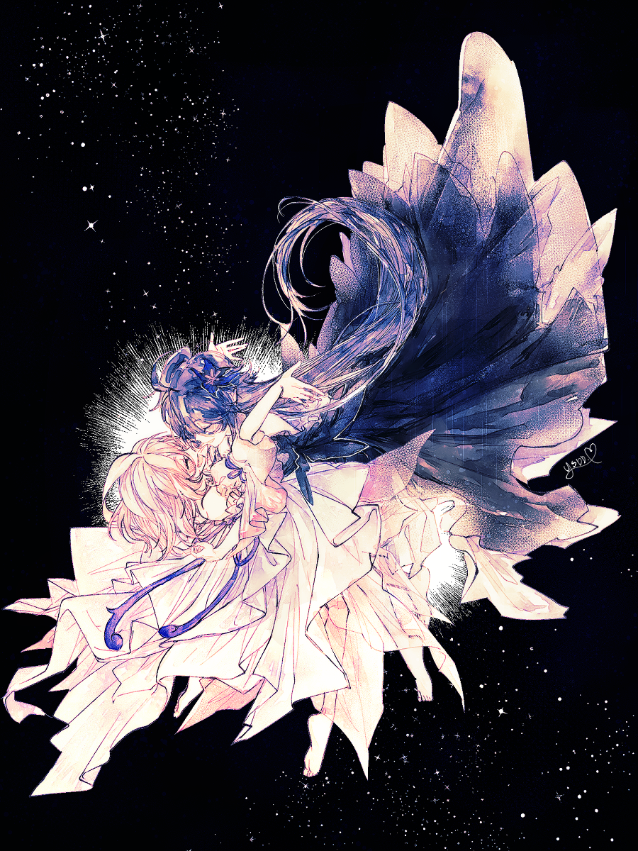 laby (elsword), nisha labyrinth (elsword), elsword, highres, 2girls, ahoge, barefoot, blush, closed eyes, detached sleeves, dress, flower, frills, hair between eyes, hair flower, hair ornament, long hair, multiple girls, pink hair, purple dress, purple hair, smile, white dress, ysdd p, yuri