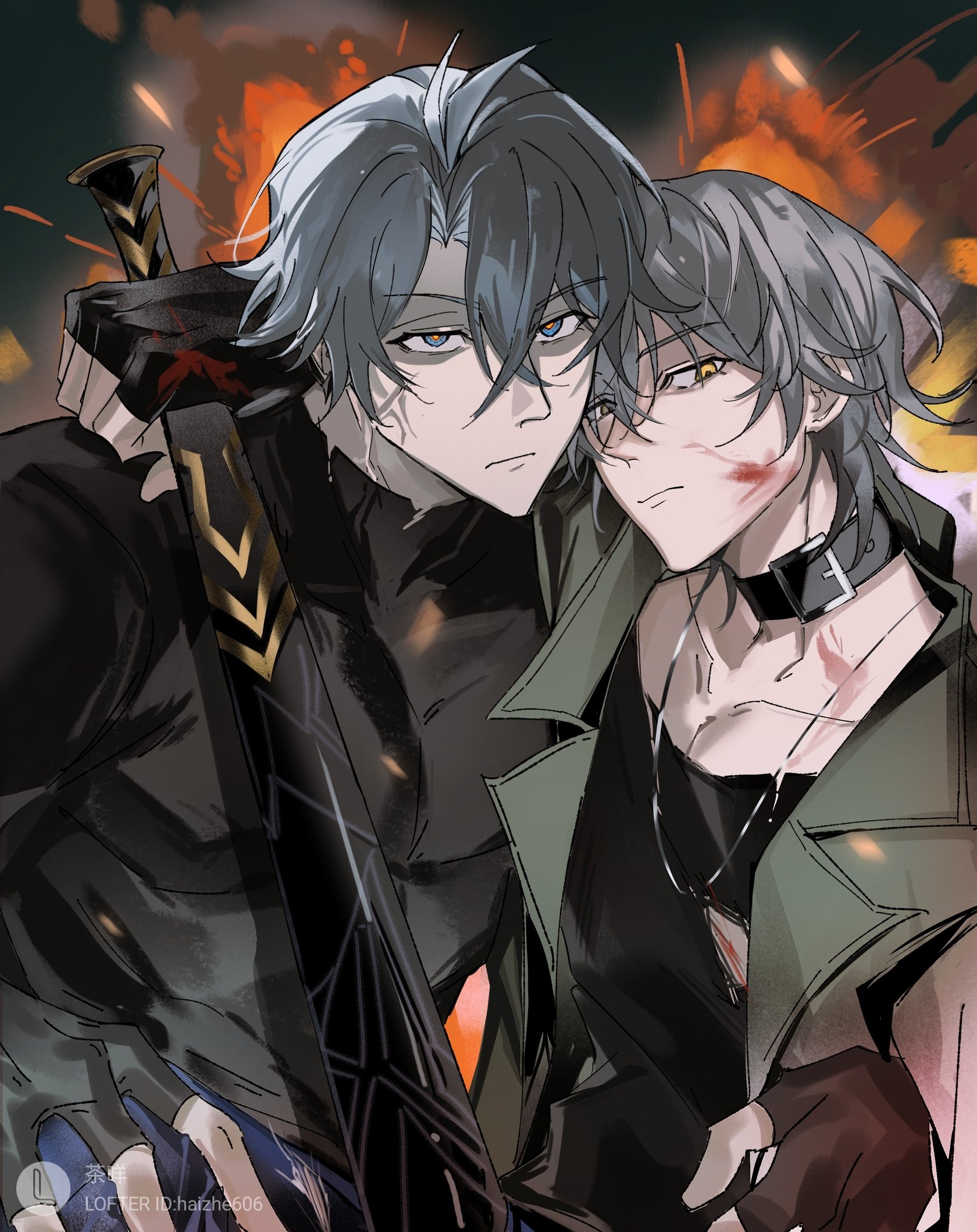 caelus (honkai: star rail), phainon (honkai: star rail), trailblazer (honkai: star rail), honkai: star rail, honkai (series), highres, 2boys, alternate costume, antenna hair, arm around neck, asymmetrical gloves, bare shoulders, baseball bat, black choker, black gloves, black shirt, black tank top, blood, blood on face, blue eyes, brown gloves, choker, closed mouth, collarbone, crossed bangs, explosion, fingerless gloves, gloves, green vest, grey hair, hair between eyes, hand around waist, holding, holding baseball bat, jewelry, lapels, lofter username, looking at viewer, male focus, mismatched gloves, multiple boys, muscular, muscular male, necklace, open clothes, open vest, orange pupils, shannontay67979, shirt, short hair, tank top, torn clothes, vest, yellow eyes