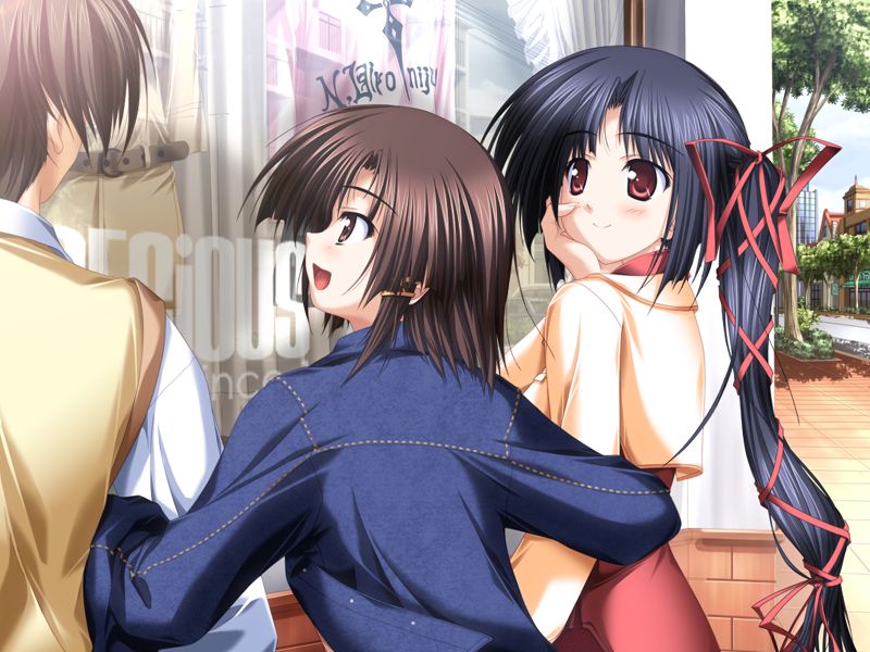 tsukimori hiro, nanjou ibuki, niiyama aoi, akiiro renka, game cg, non-web source, official art, 1boy, 2girls, black hair, brown eyes, brown hair, jacket, long hair, multiple girls, shopping, short hair, side ponytail, window shopping